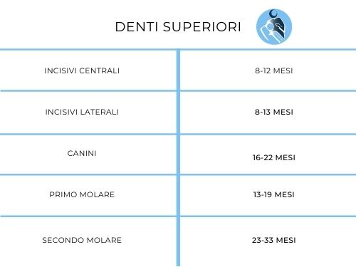 Tabella che descrive la dentizione dei denti superiori per i bambini